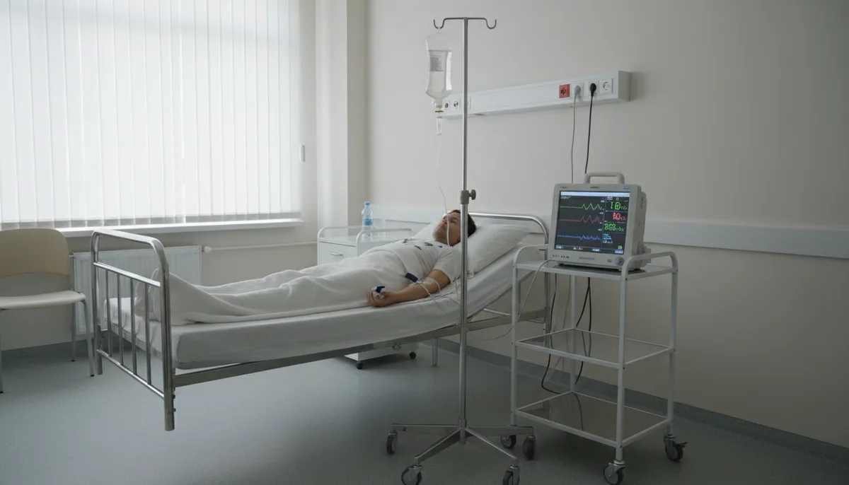 палата стационара наркологического отделения, капельница, медицинский монитор у кровати