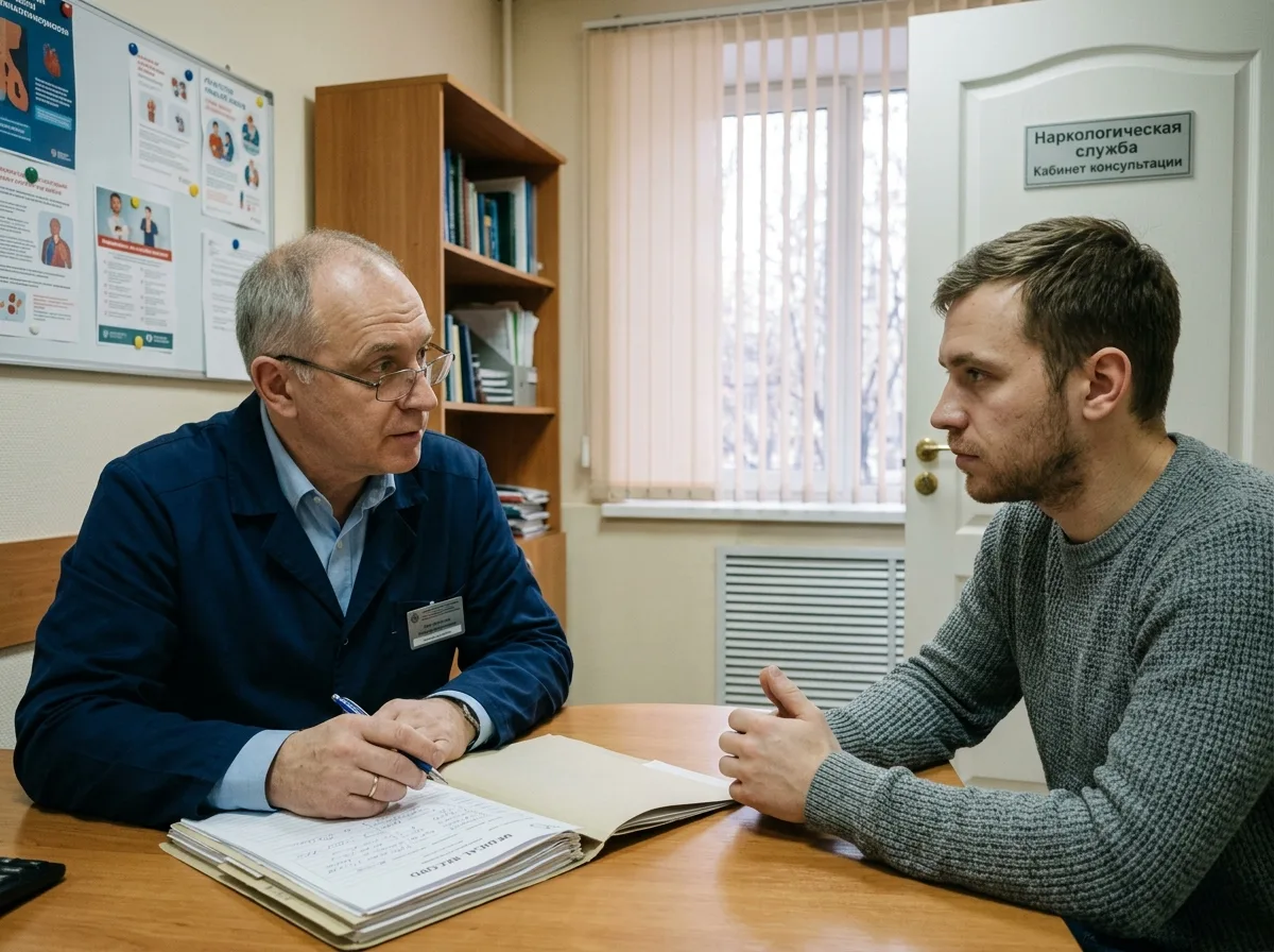 Врач-нарколог проводит консультацию с пациентом в кабинете наркологической службы — доверительная беседа, медицинская карта